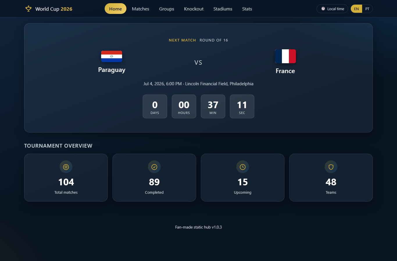 World Cup 2026 Hub home screen — the next match with a live countdown and a tournament overview