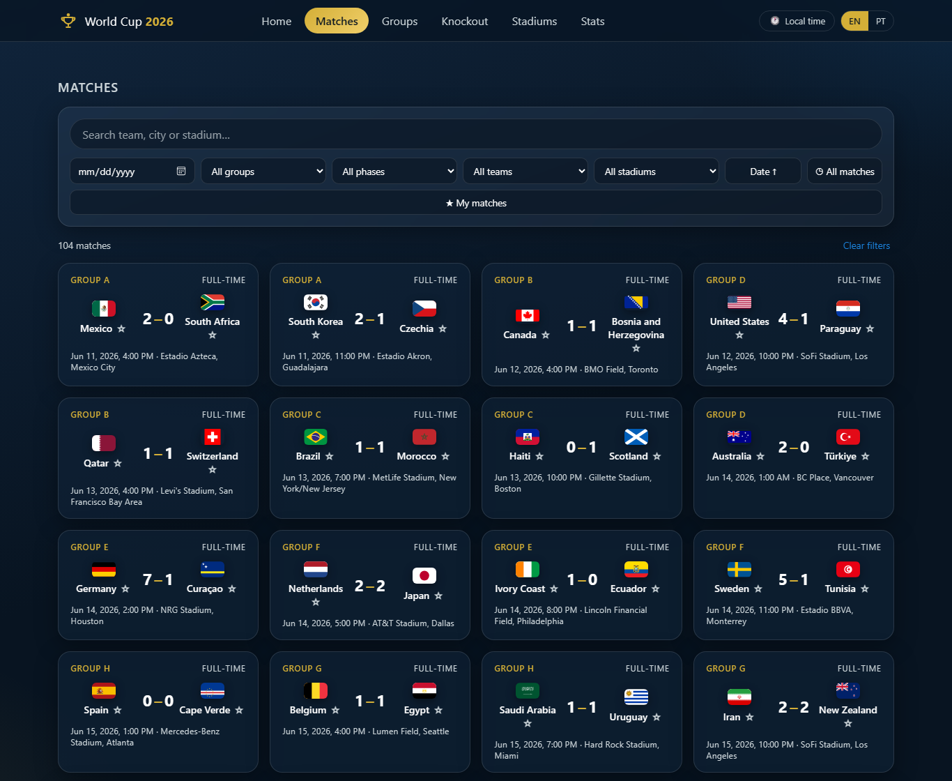 Matches — a searchable, filterable grid of all 104 fixtures with scores and venues